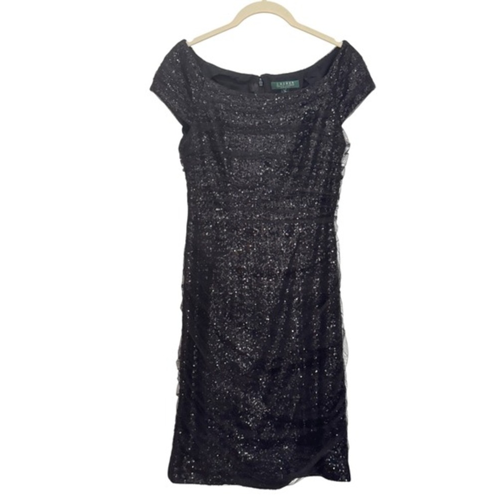 Lauren Ralph Lauren Evening Black Sequin Ruched Mesh‎ Cocktail Dress Size 4